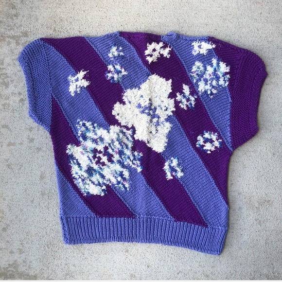 Vintage Hand-Knit Floral Sweater | Purple & Blue | Size Small - Picture 4 of 4